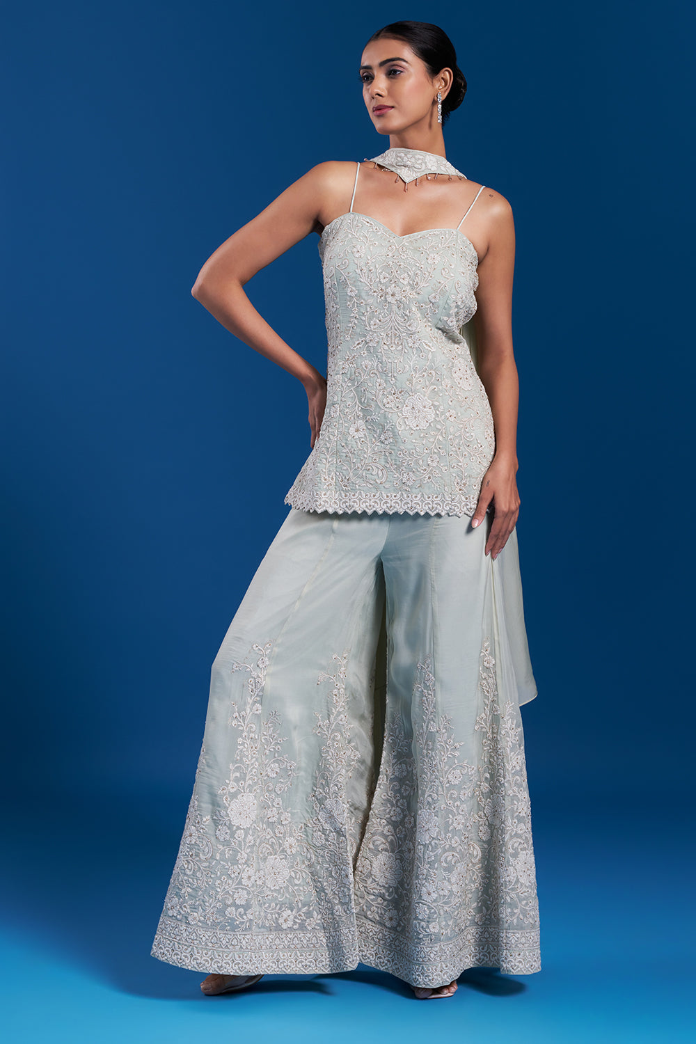 Mint Green Viscose Georgette Sharara Set with Aari Work