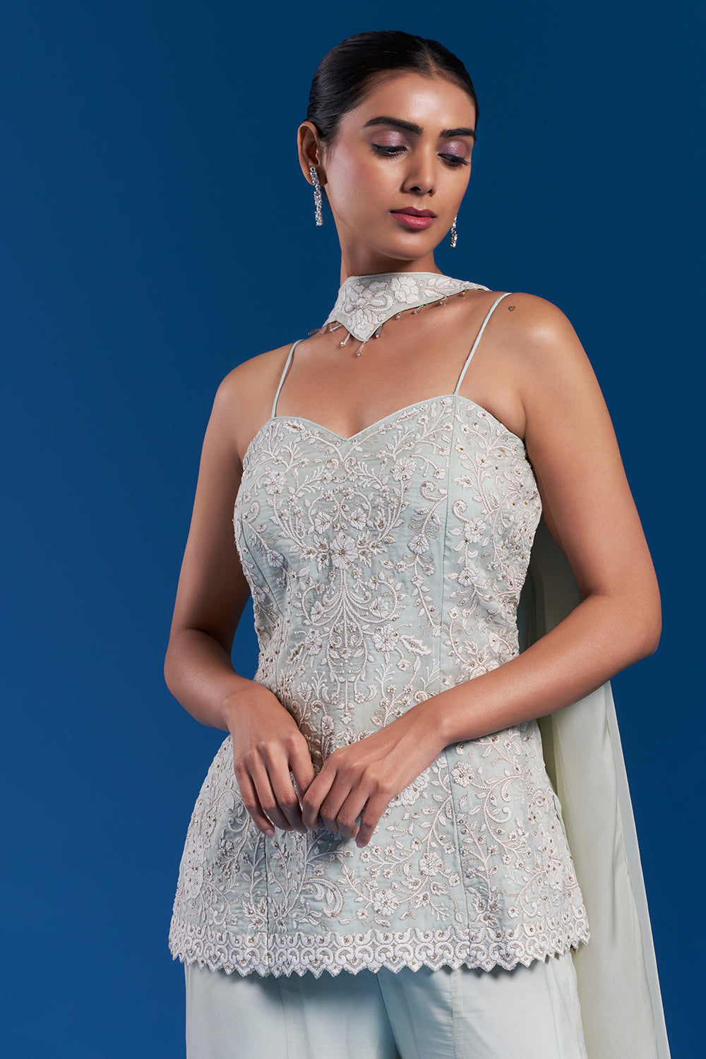 Mint Green Viscose Georgette Sharara Set with Aari Work