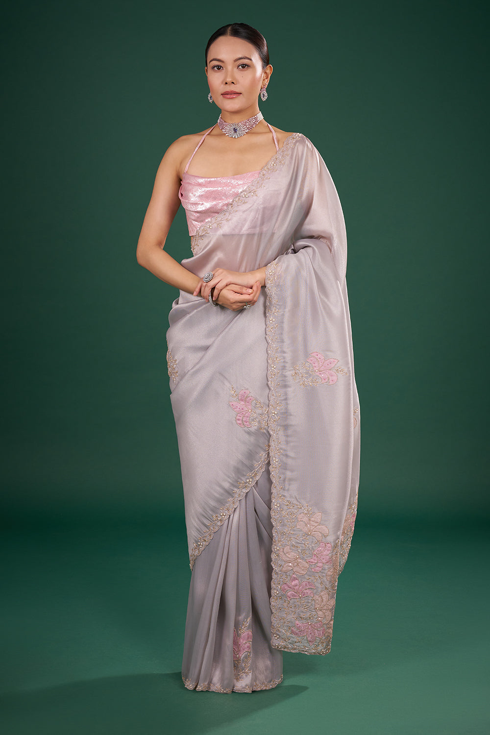 Mist Grey Organza Saree with Pink Floral Embroidery and Unstitched Blouse