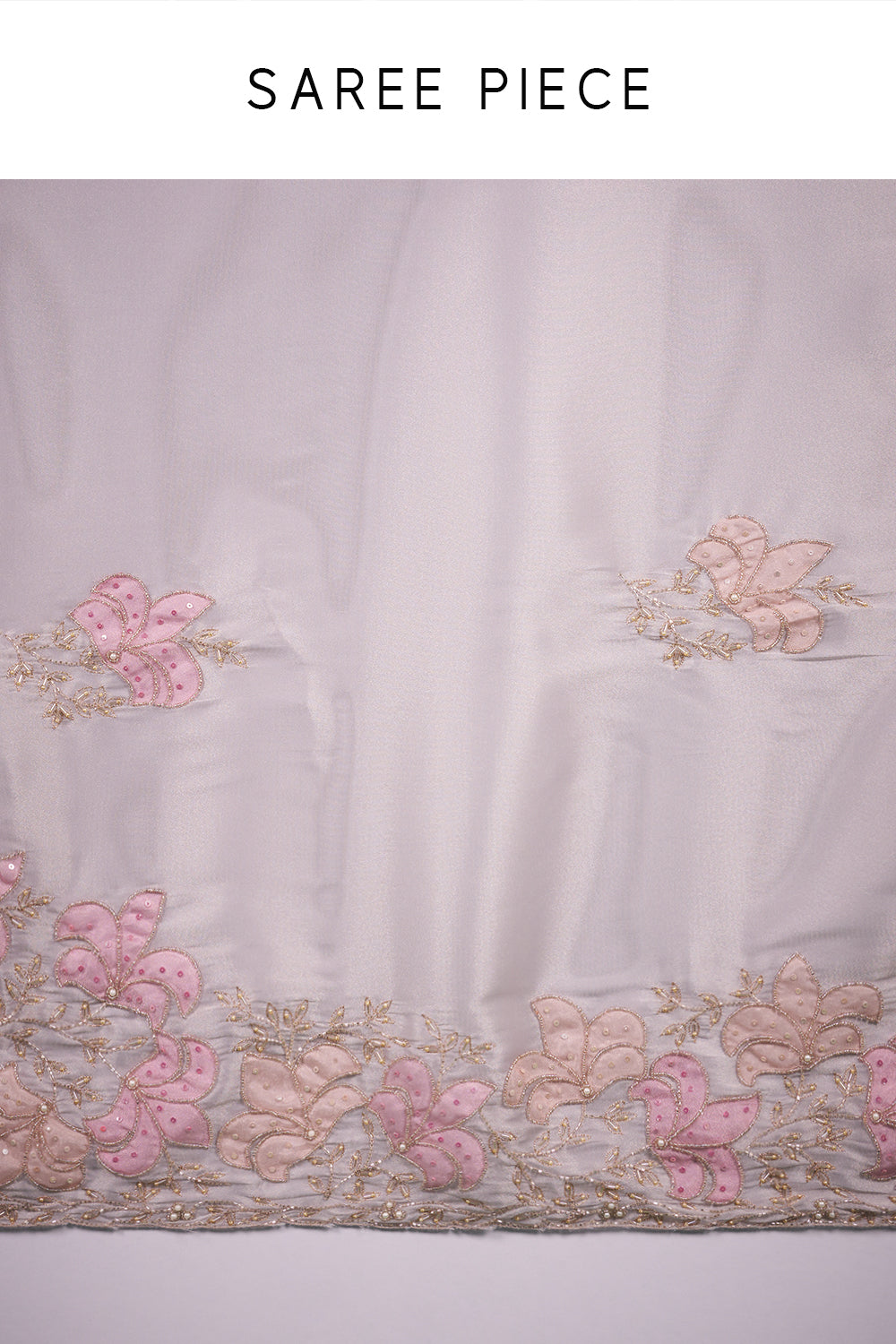 Mist Grey Organza Saree with Pink Floral Embroidery and Unstitched Blouse
