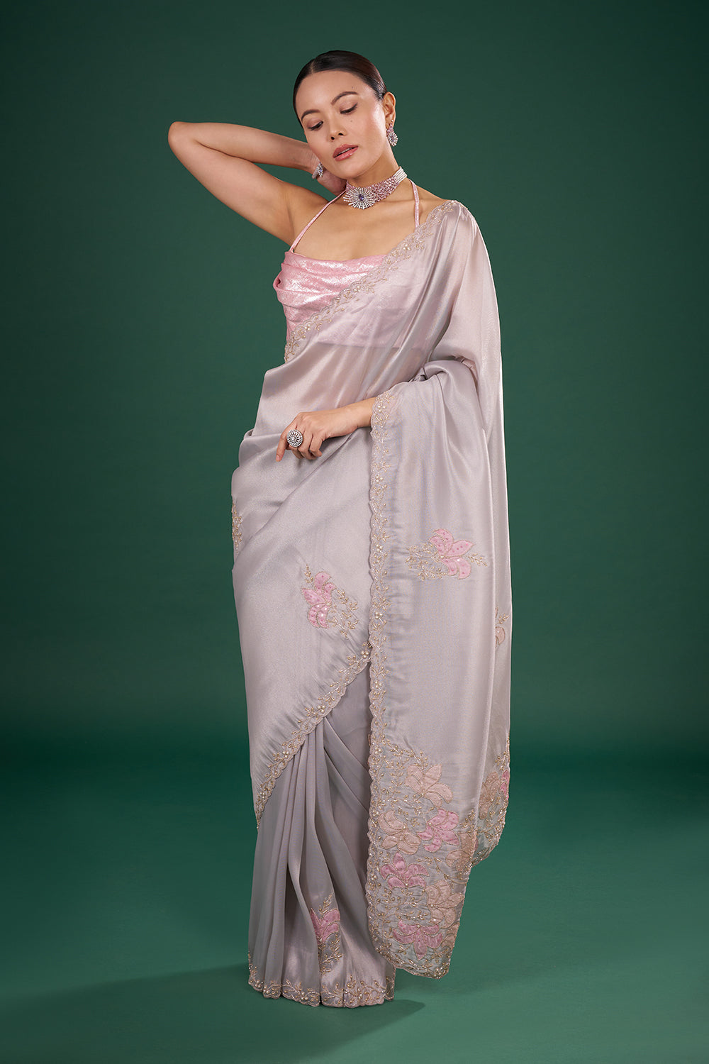 Mist Grey Organza Saree with Pink Floral Embroidery and Unstitched Blouse