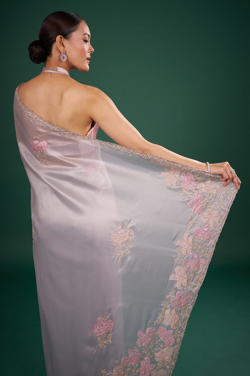 Mist Grey Organza Saree with Pink Floral Embroidery and Unstitched Blouse