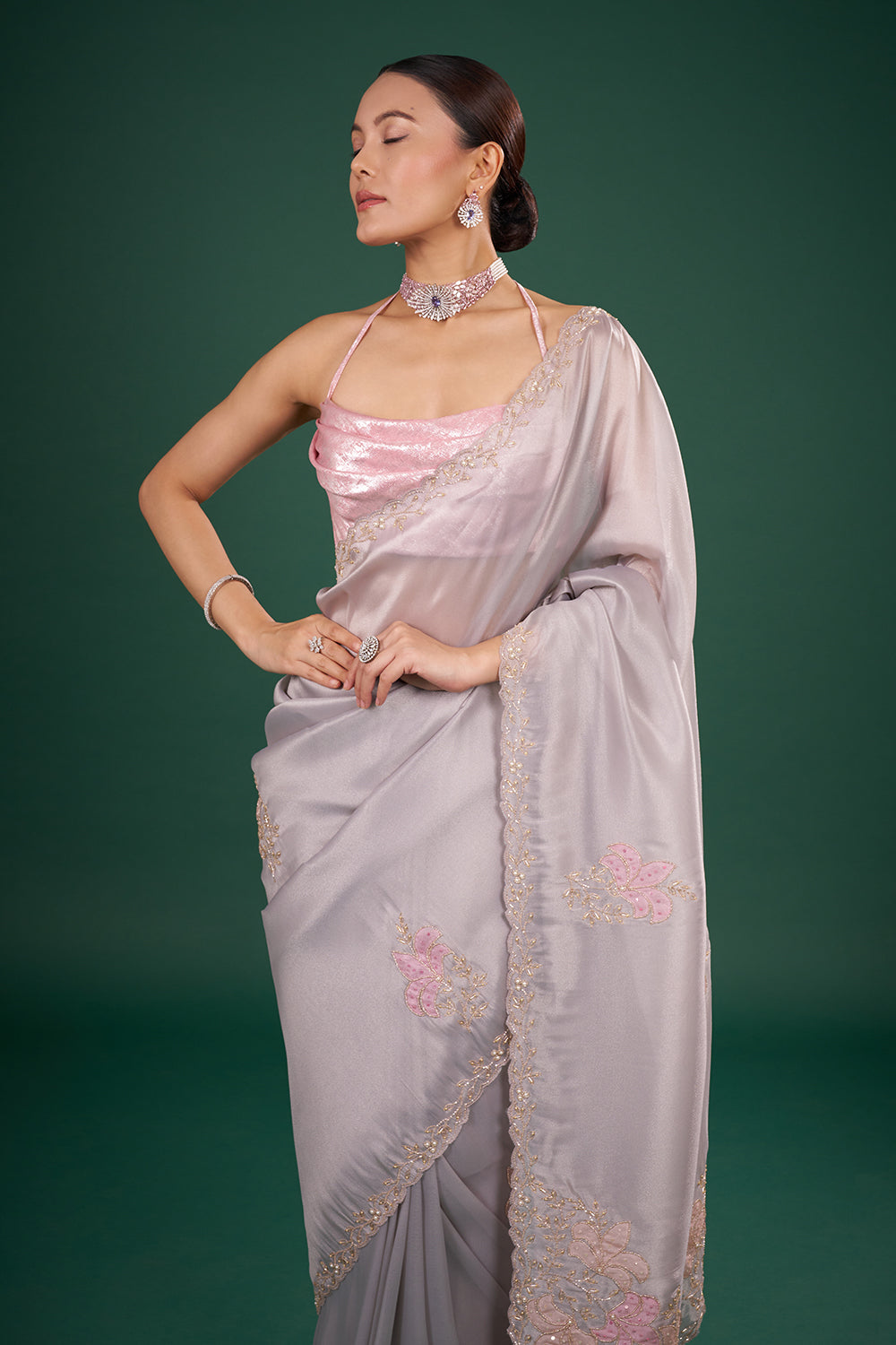 Mist Grey Organza Saree with Pink Floral Embroidery and Unstitched Blouse