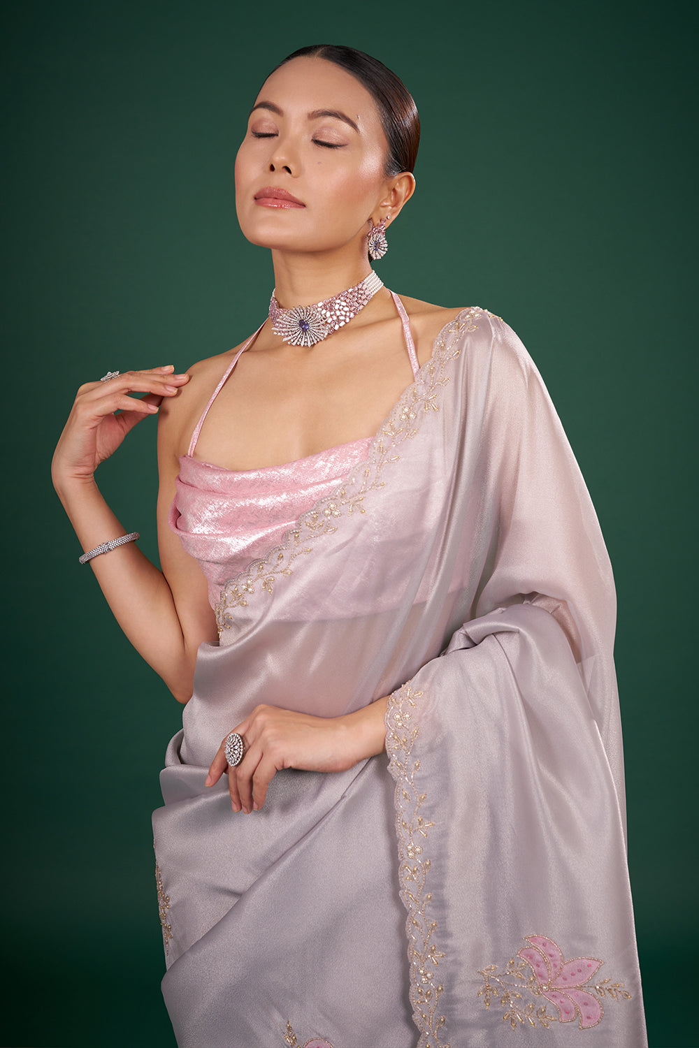 Mist Grey Organza Saree with Pink Floral Embroidery and Unstitched Blouse