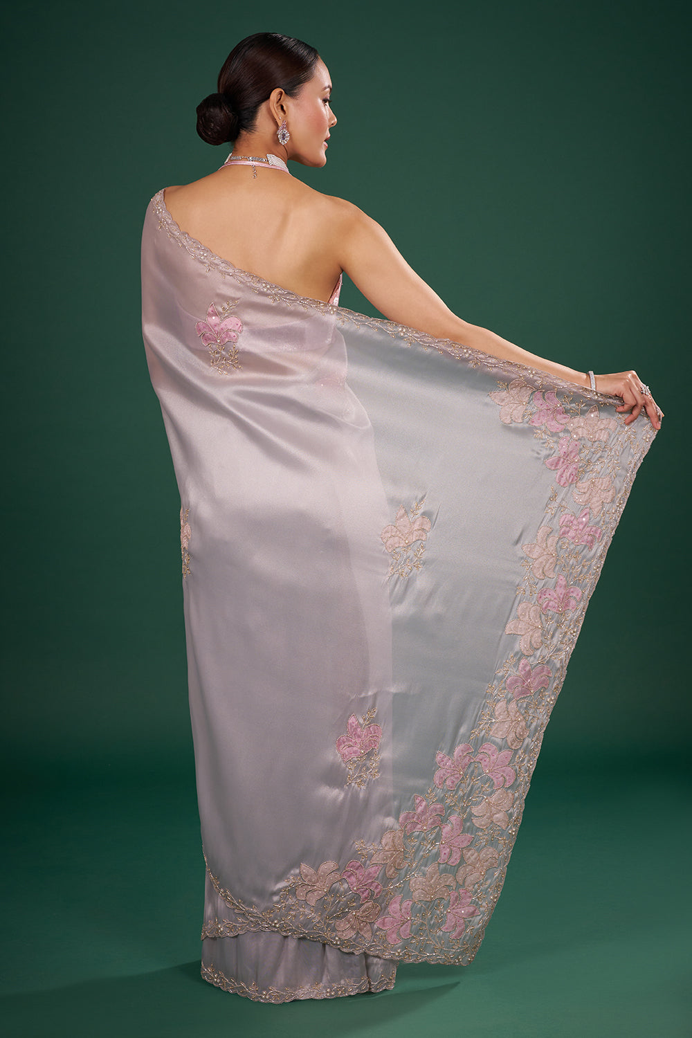 Mist Grey Organza Saree with Pink Floral Embroidery and Unstitched Blouse