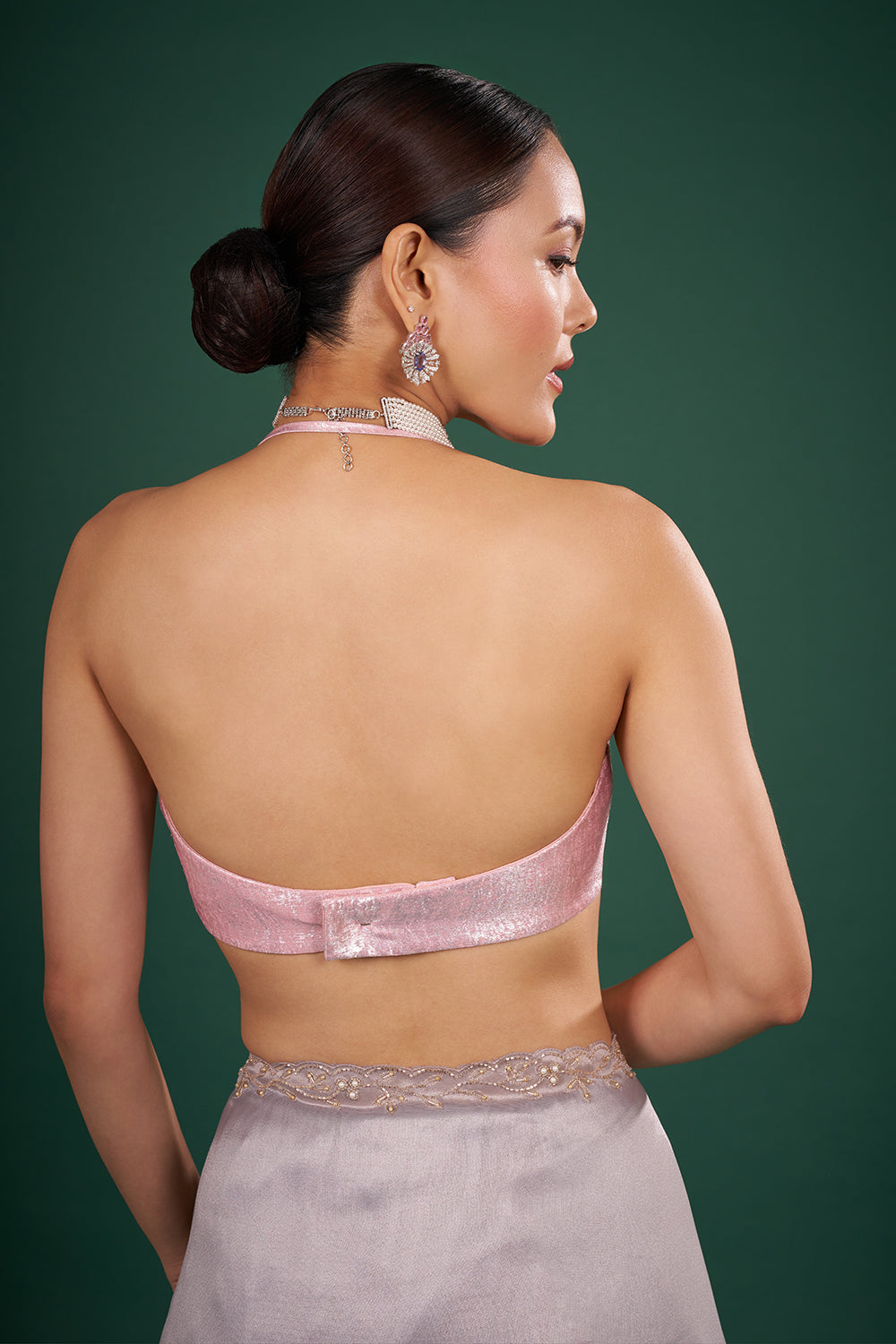 Mist Grey Organza Saree with Pink Floral Embroidery and Unstitched Blouse