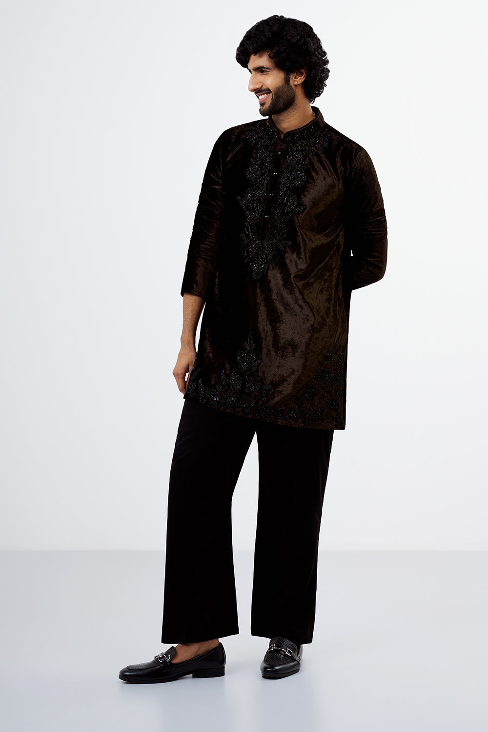 Mocha Brown Velvet Embellished Men's Kurta Set