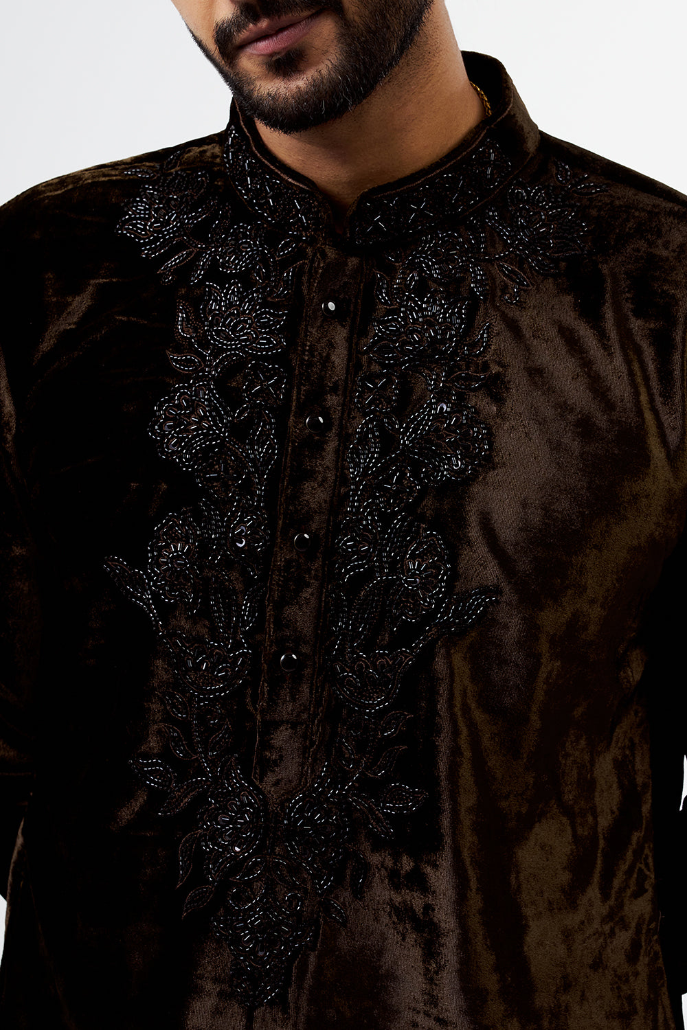 Mocha Brown Velvet Embellished Men's Kurta Set