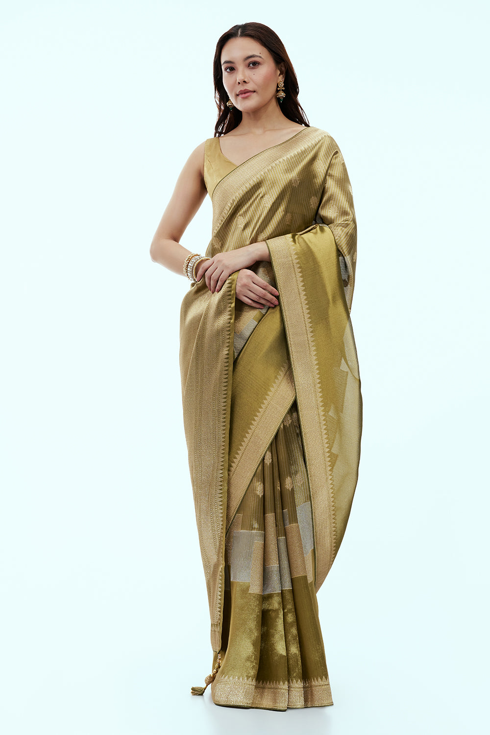 Moss Green Banarasi Silk Woven Saree with Kundan and Zari Embroidery