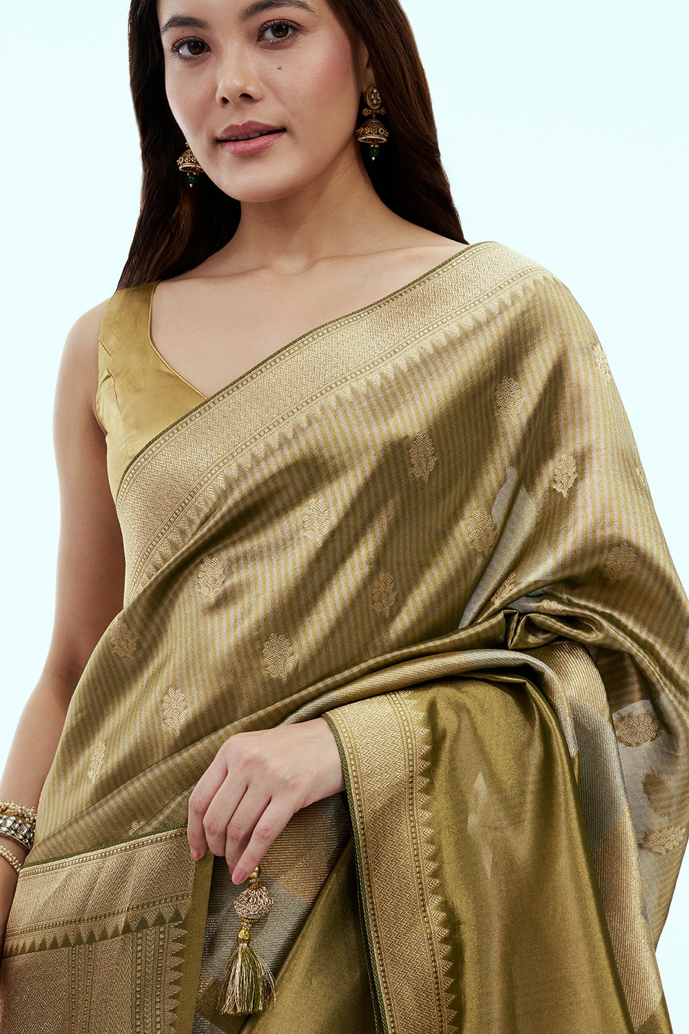 Moss Green Banarasi Silk Woven Saree with Kundan and Zari Embroidery
