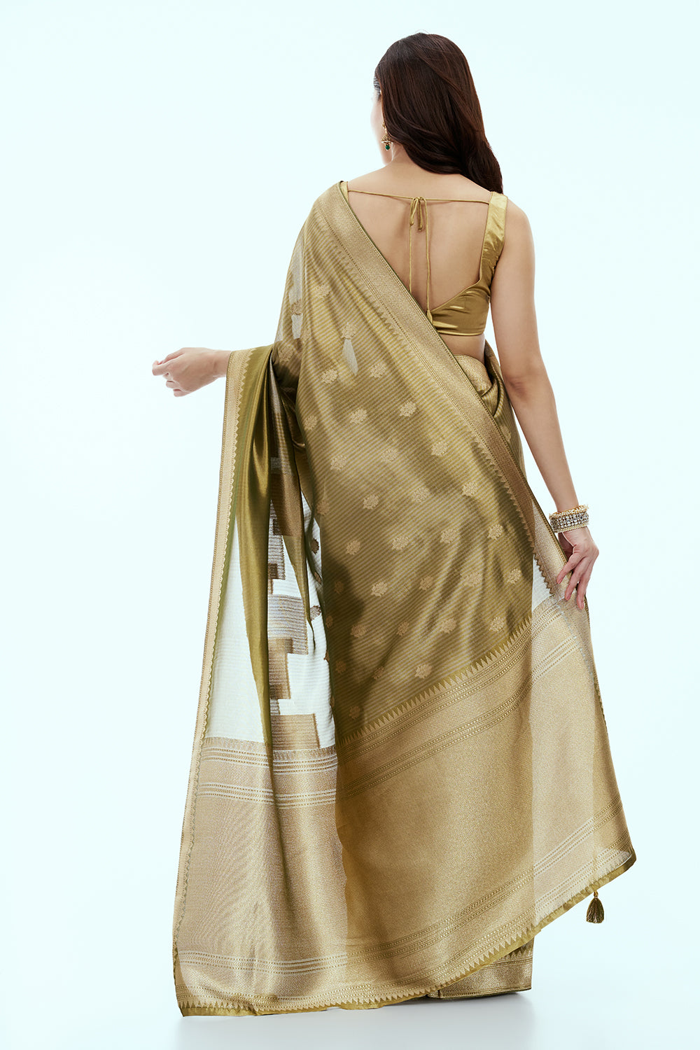 Moss Green Banarasi Silk Woven Saree with Kundan and Zari Embroidery