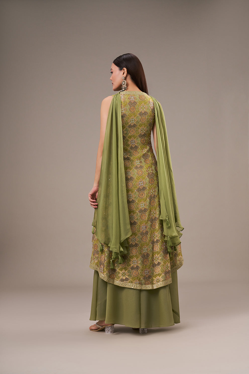 Moss Green Khadi Georgette Palazzo Suit with Zari and Sequin Work