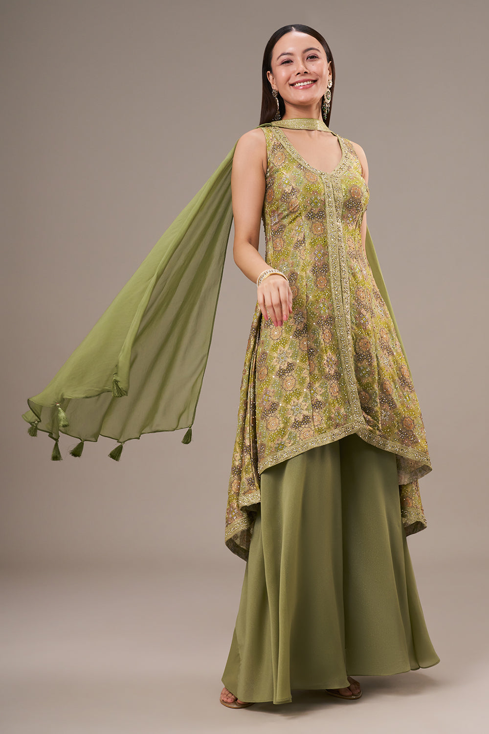 Moss Green Khadi Georgette Palazzo Suit with Zari and Sequin Work