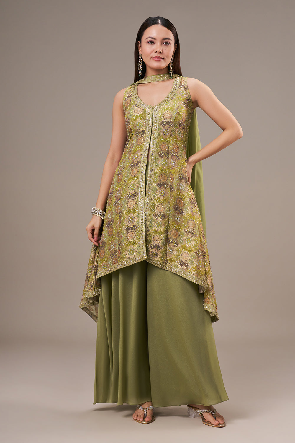 Moss Green Khadi Georgette Palazzo Suit with Zari and Sequin Work