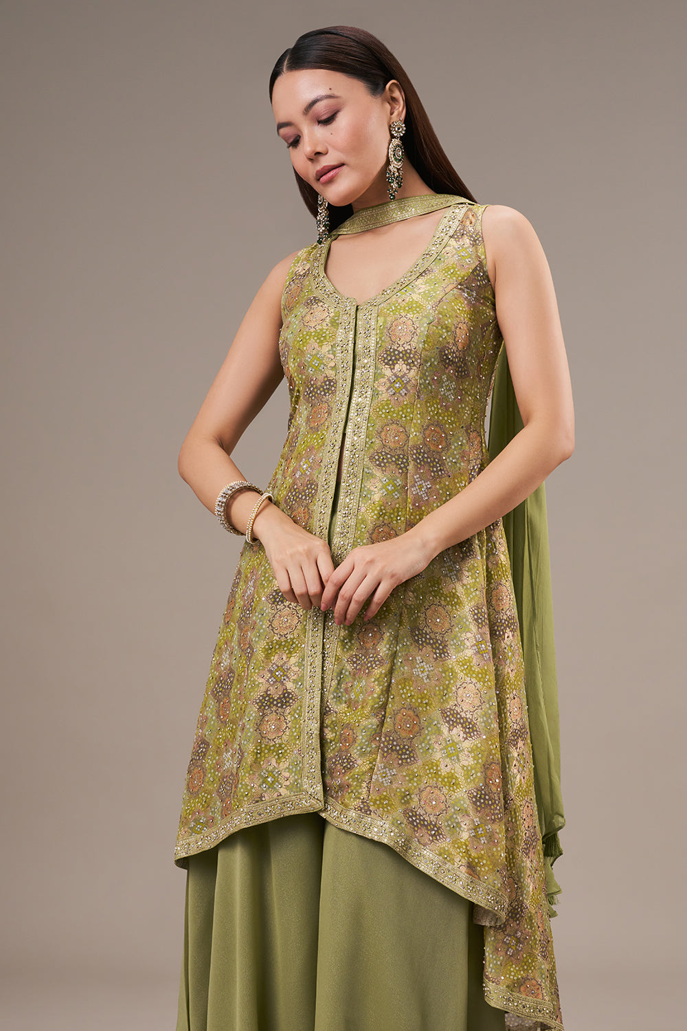 Moss Green Khadi Georgette Palazzo Suit with Zari and Sequin Work