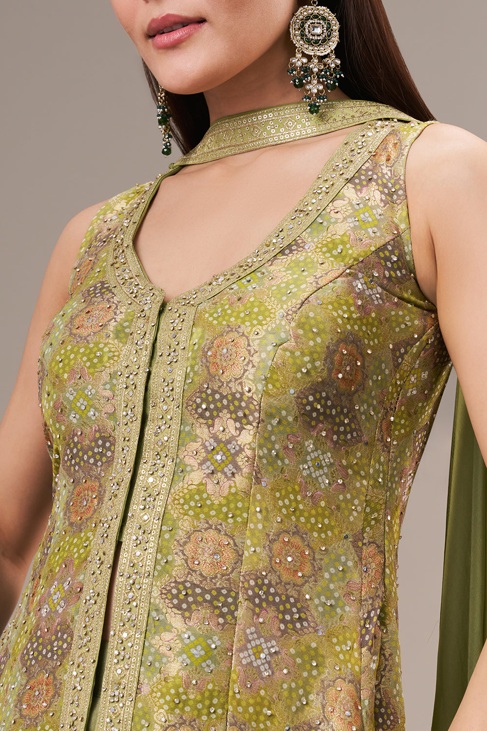 Moss Green Khadi Georgette Palazzo Suit with Zari and Sequin Work
