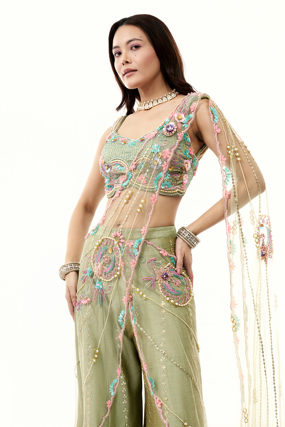 Moss Green Raw Silk Set with 3D Floral Work