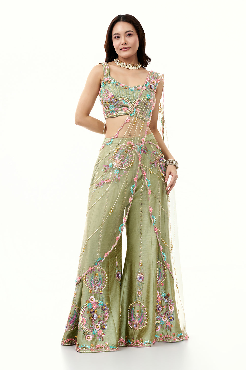 Moss Green Raw Silk Set with 3D Floral Work