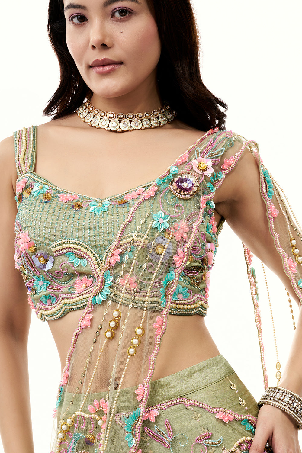 Moss Green Raw Silk Set with 3D Floral Work