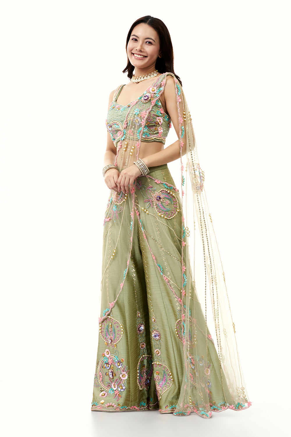 Moss Green Raw Silk Set with 3D Floral Work