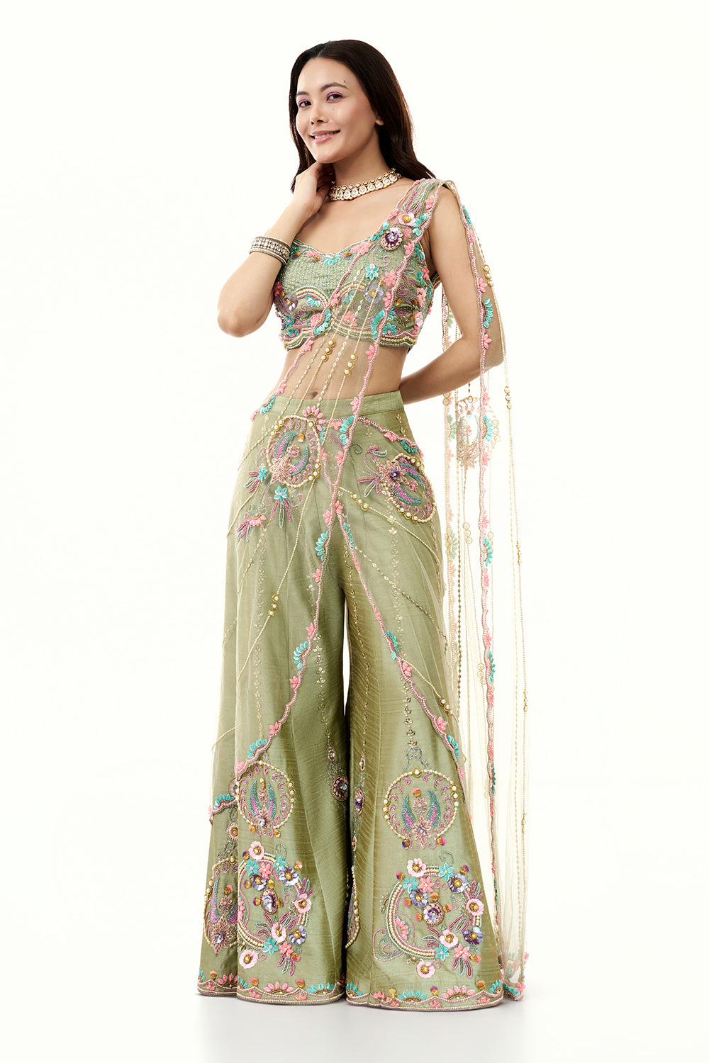 Moss Green Raw Silk Set with 3D Floral Work