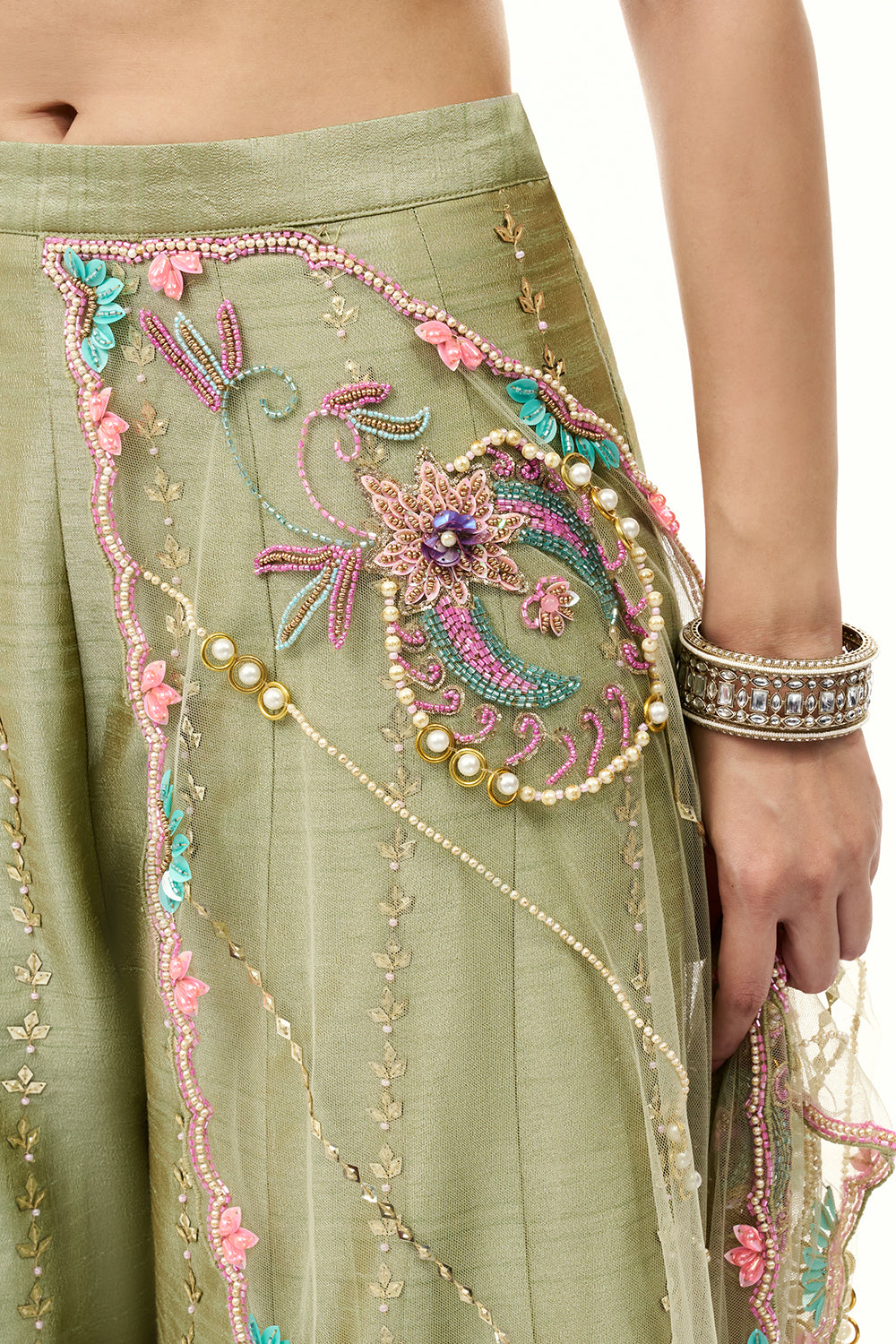 Moss Green Raw Silk Set with 3D Floral Work
