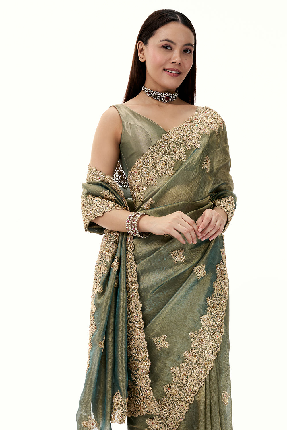 Moss Green Tissue Brocade Saree with Zari and Sequin Work