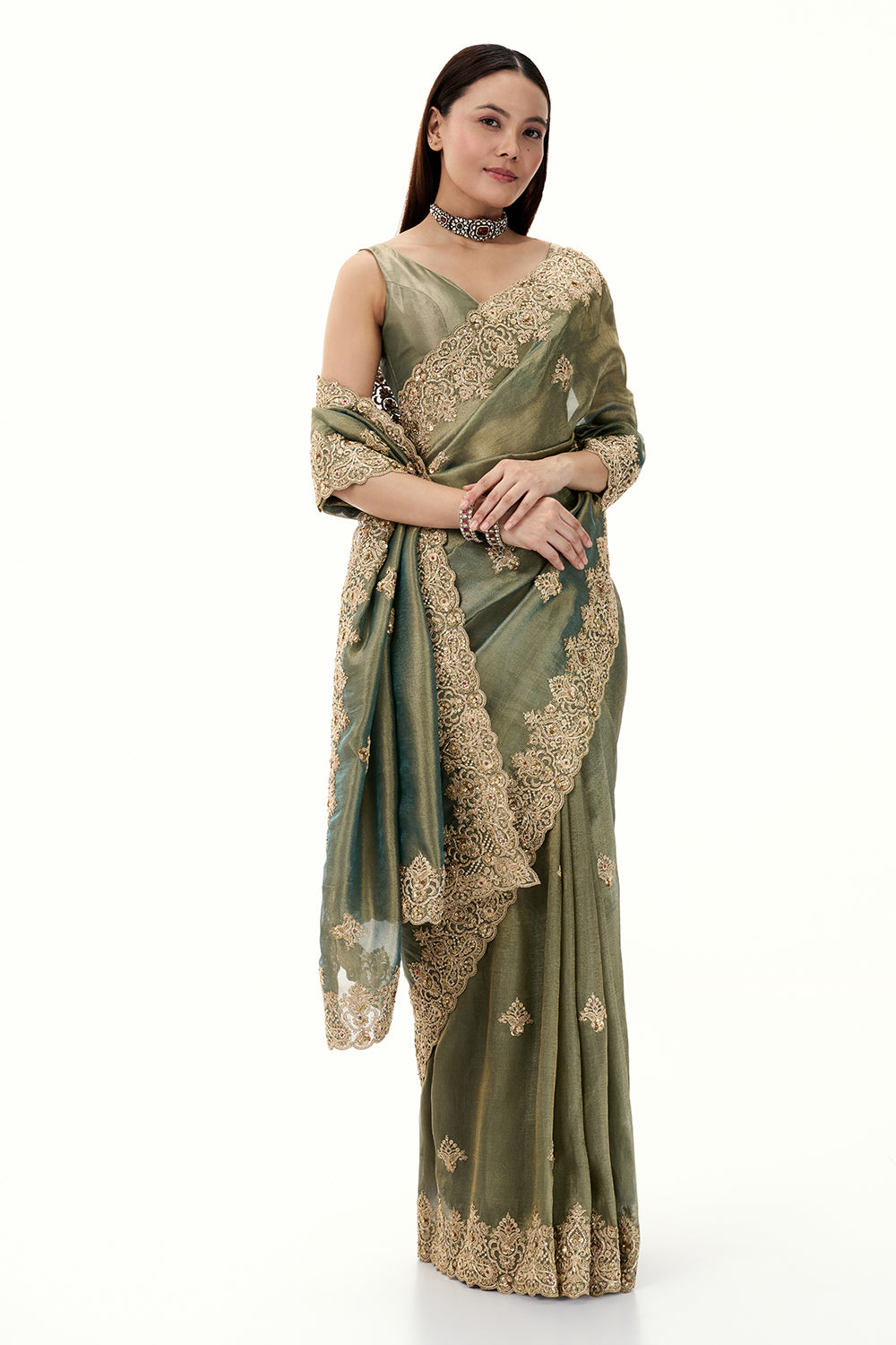 Moss Green Tissue Brocade Saree with Zari and Sequin Work