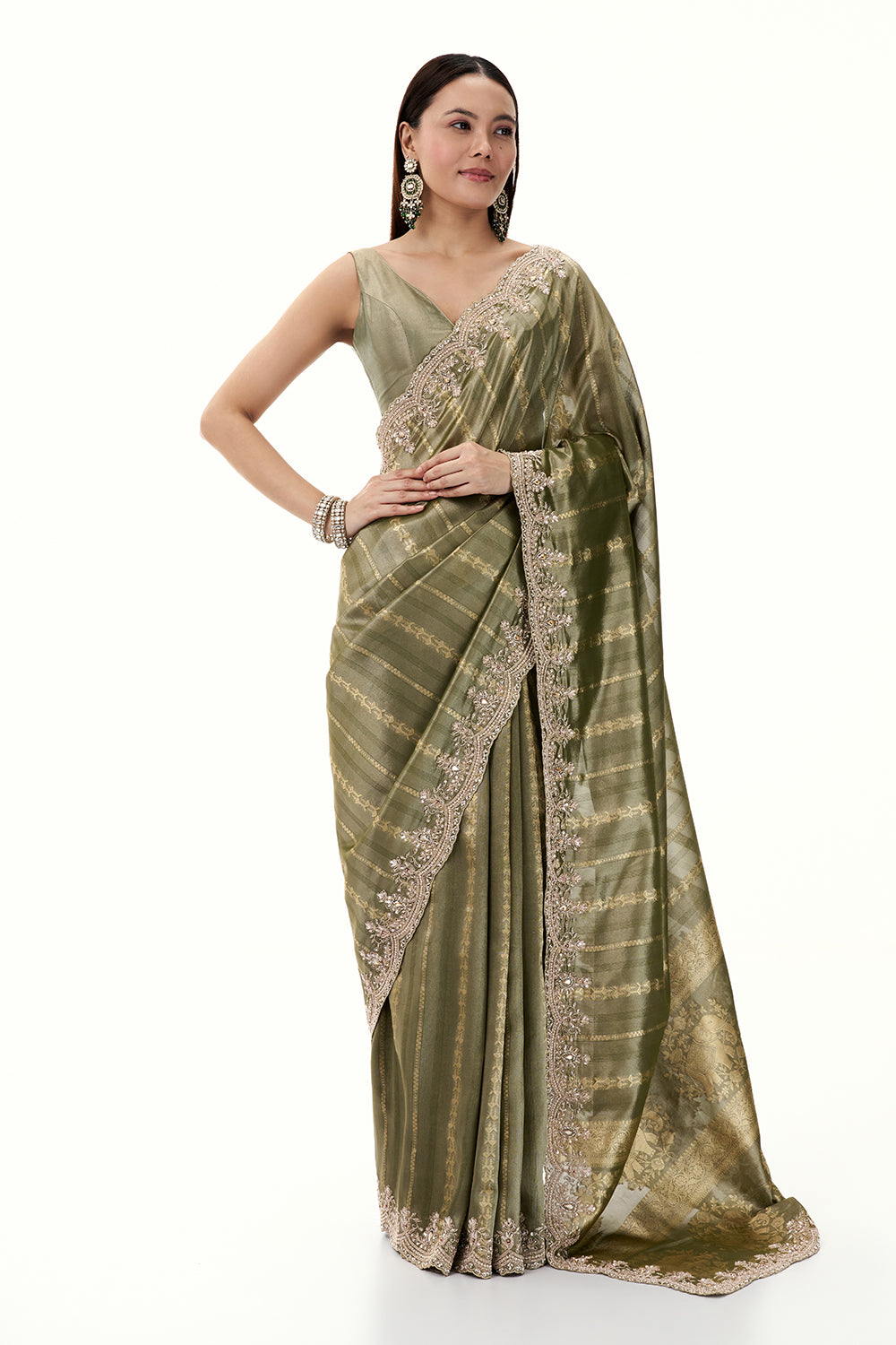 Moss Green Tissue Brocade Saree woth Zari and Bead Work
