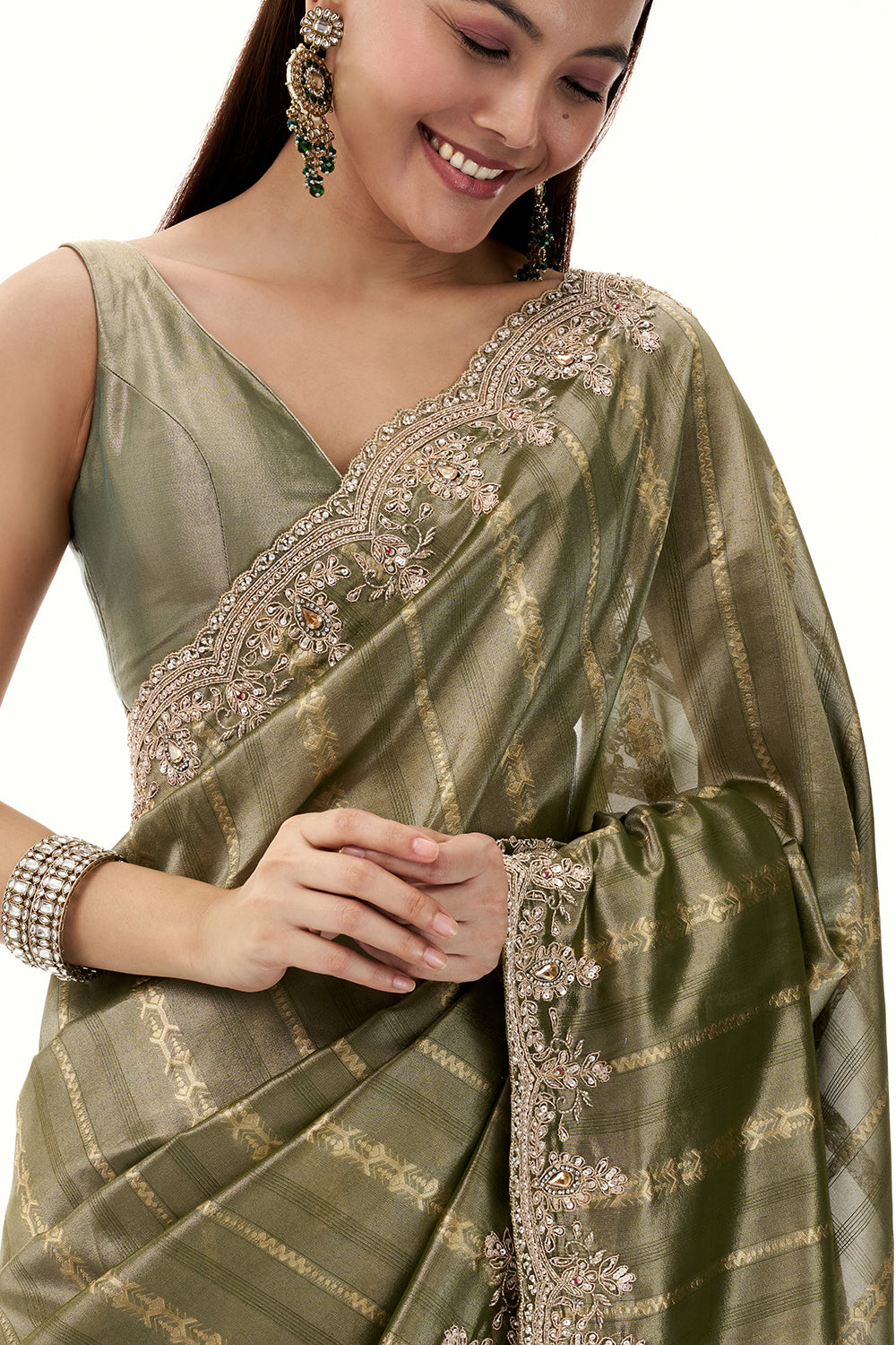 Moss Green Tissue Brocade Saree woth Zari and Bead Work