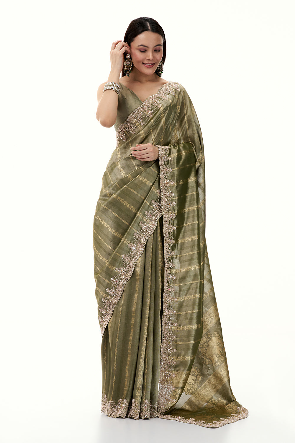 Moss Green Tissue Brocade Saree woth Zari and Bead Work