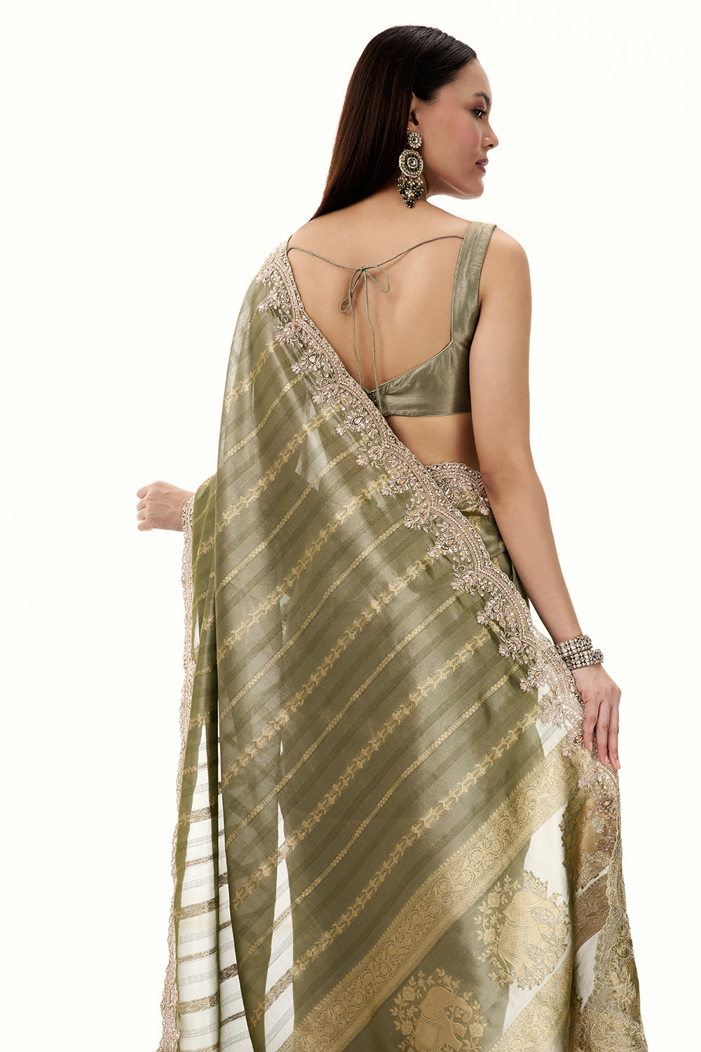 Moss Green Tissue Brocade Saree woth Zari and Bead Work