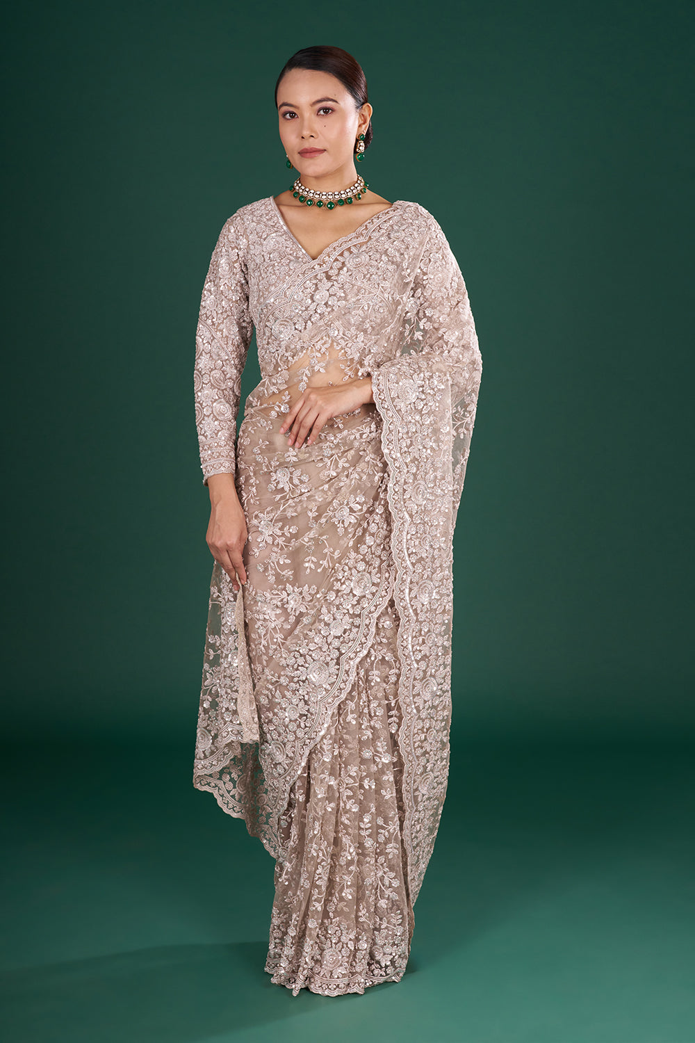 Champagne Net Saree with Resham Embroidery and Stitched Blouse