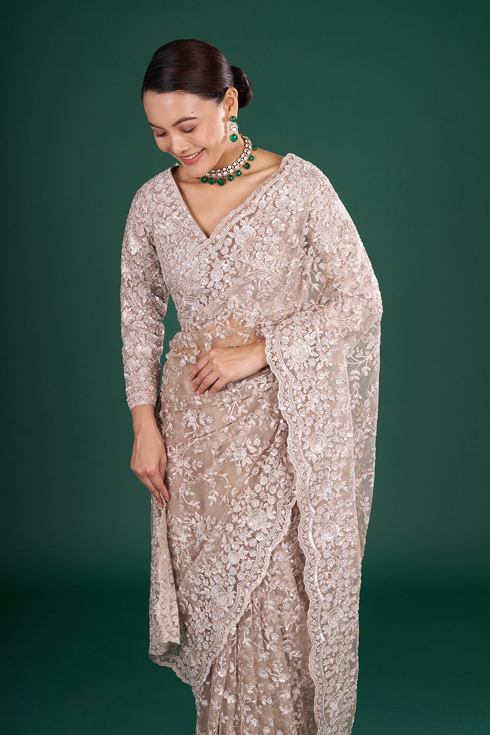 Champagne Net Saree with Resham Embroidery and Stitched Blouse