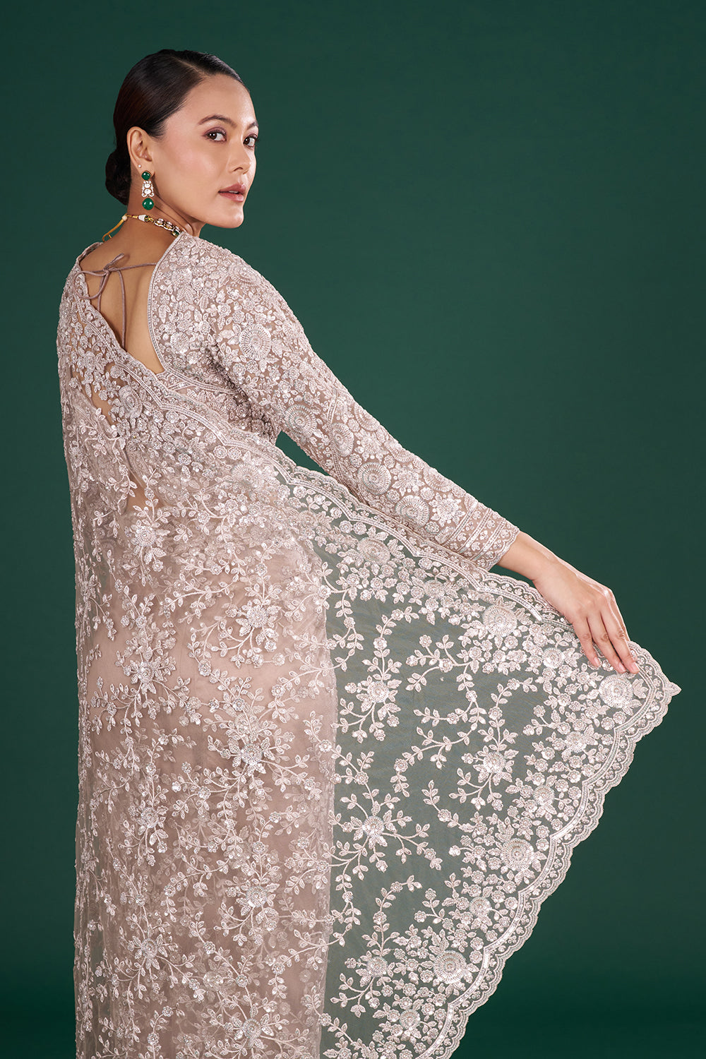 Champagne Net Saree with Resham Embroidery and Stitched Blouse