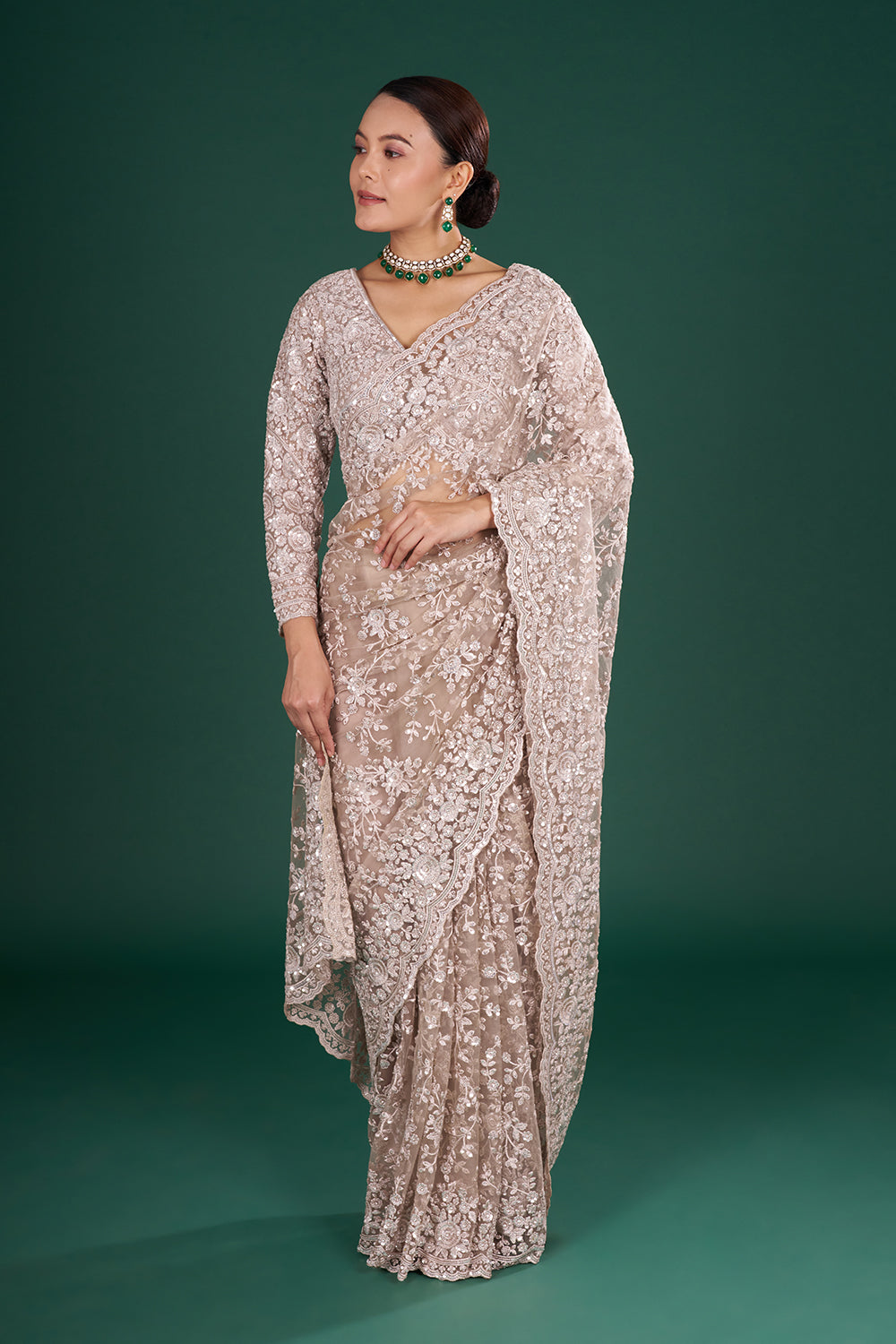 Champagne Net Saree with Resham Embroidery and Stitched Blouse