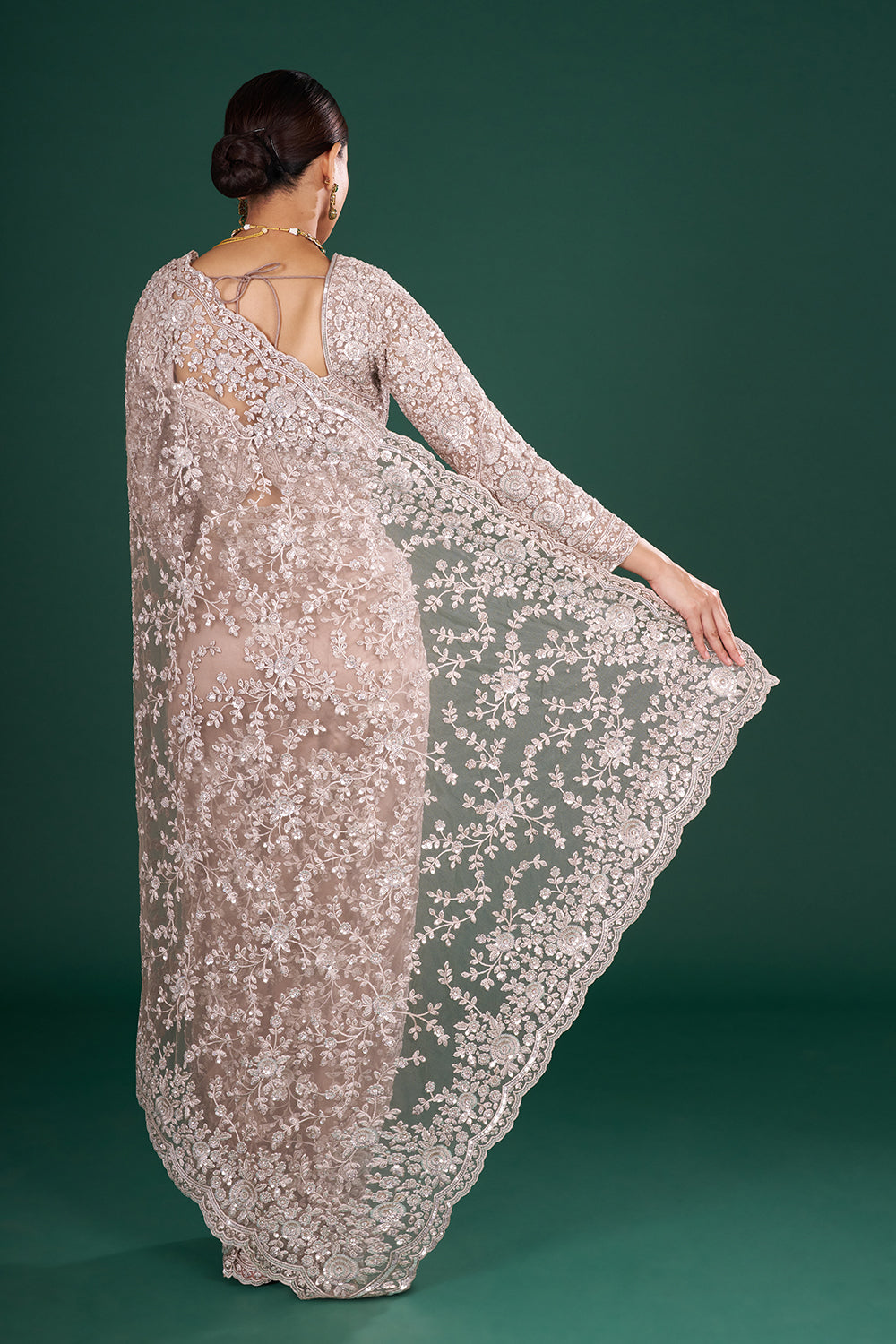 Champagne Net Saree with Resham Embroidery and Stitched Blouse