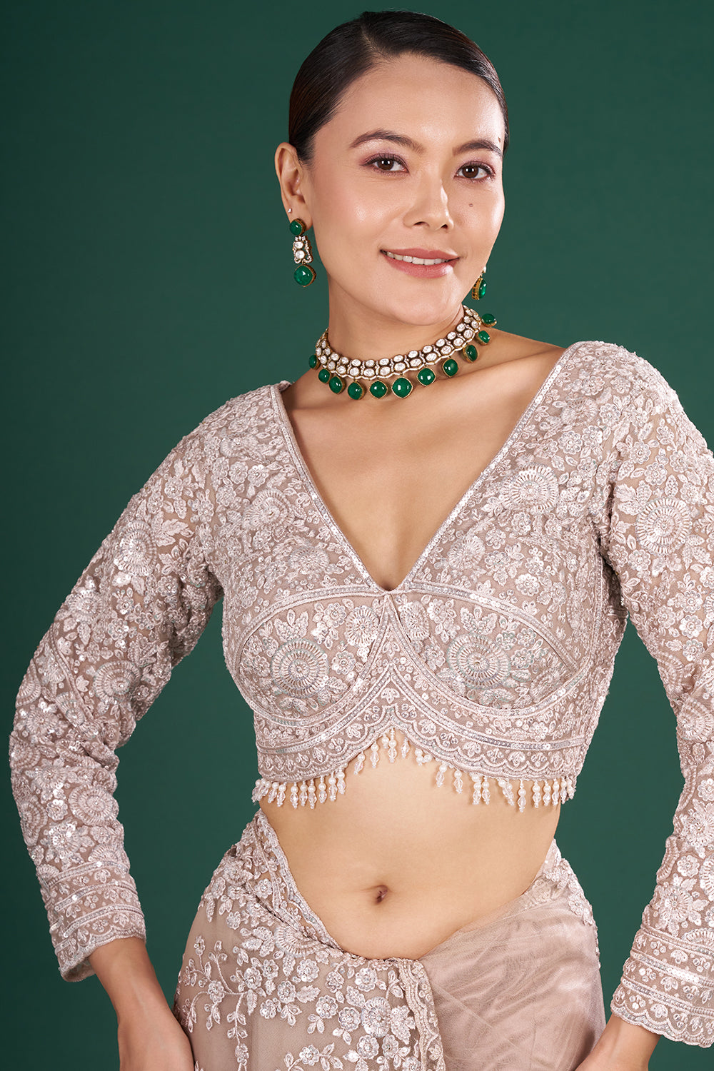 Champagne Net Saree with Resham Embroidery and Stitched Blouse