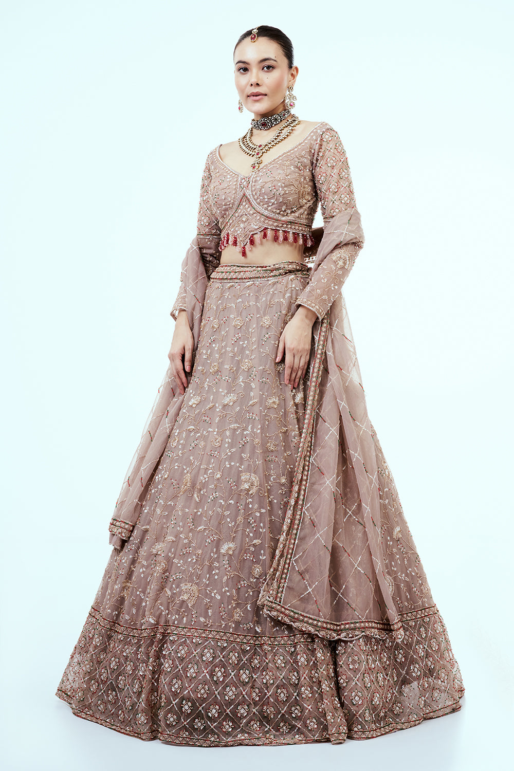 Mousse Brown Hand Embroidered Net Lehenga with Cutdana Work
