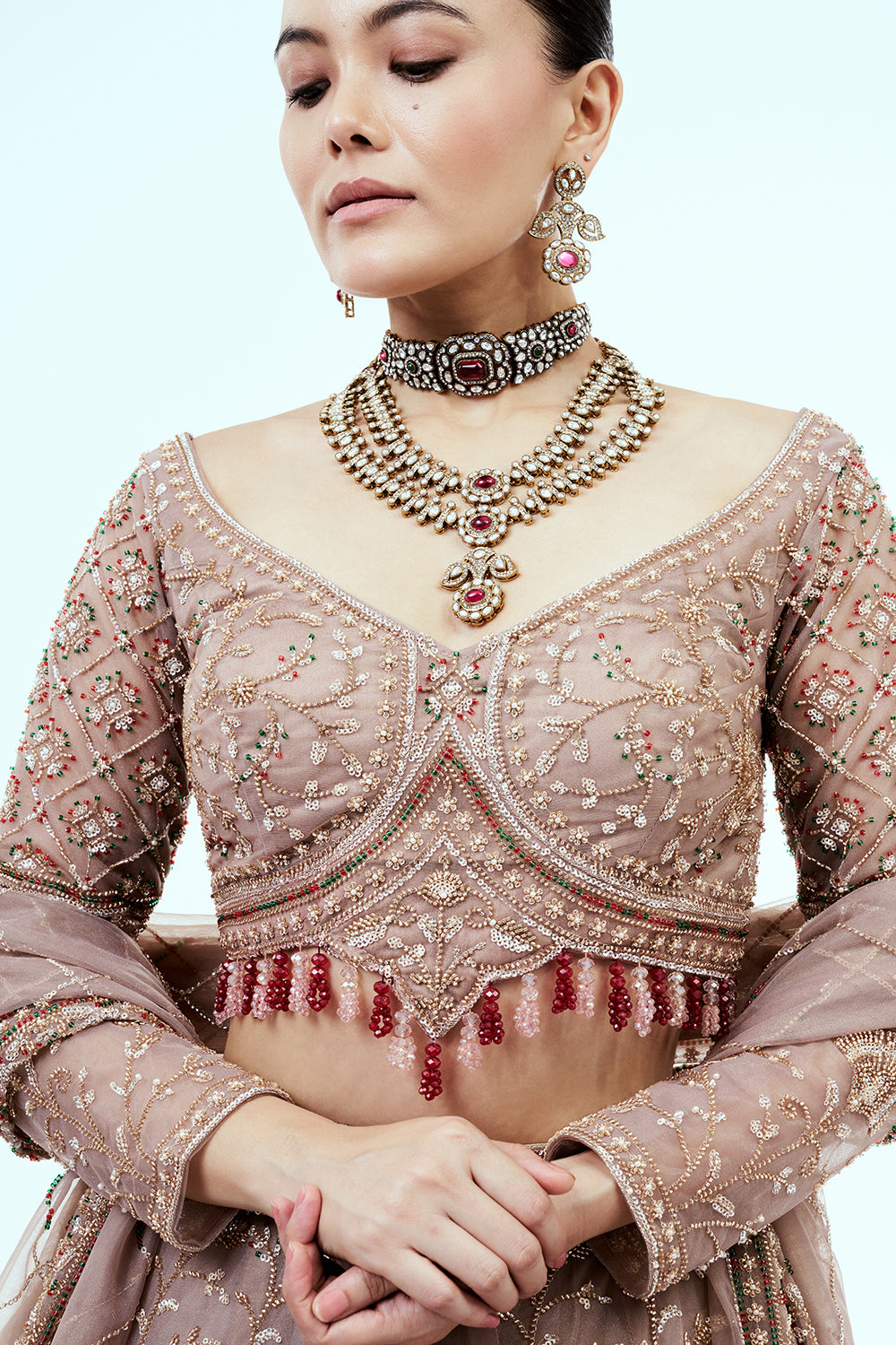 Mousse Brown Hand Embroidered Net Lehenga with Cutdana Work