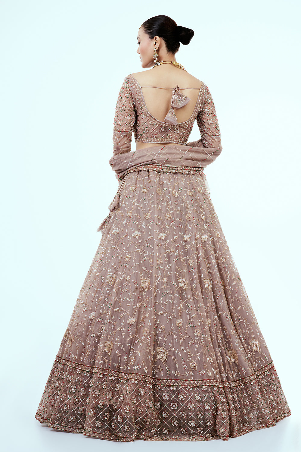 Mousse Brown Hand Embroidered Net Lehenga with Cutdana Work