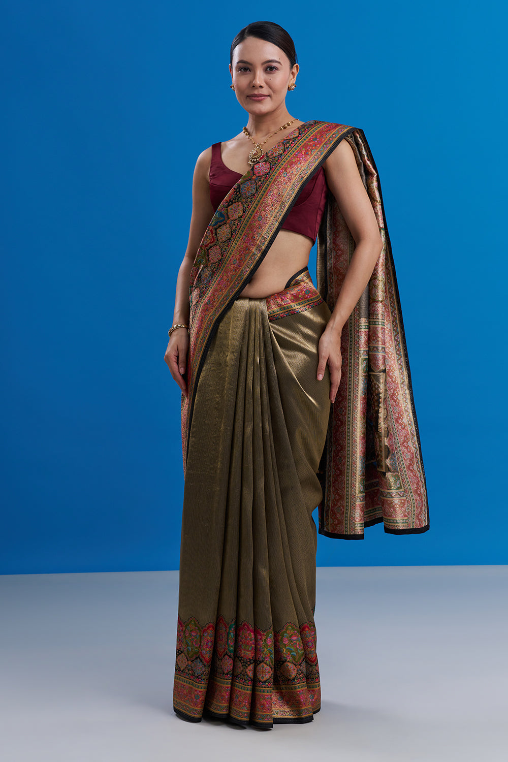 Multi-Colored Banarasi Silk Floral Print Saree And Unstitched Blouse
