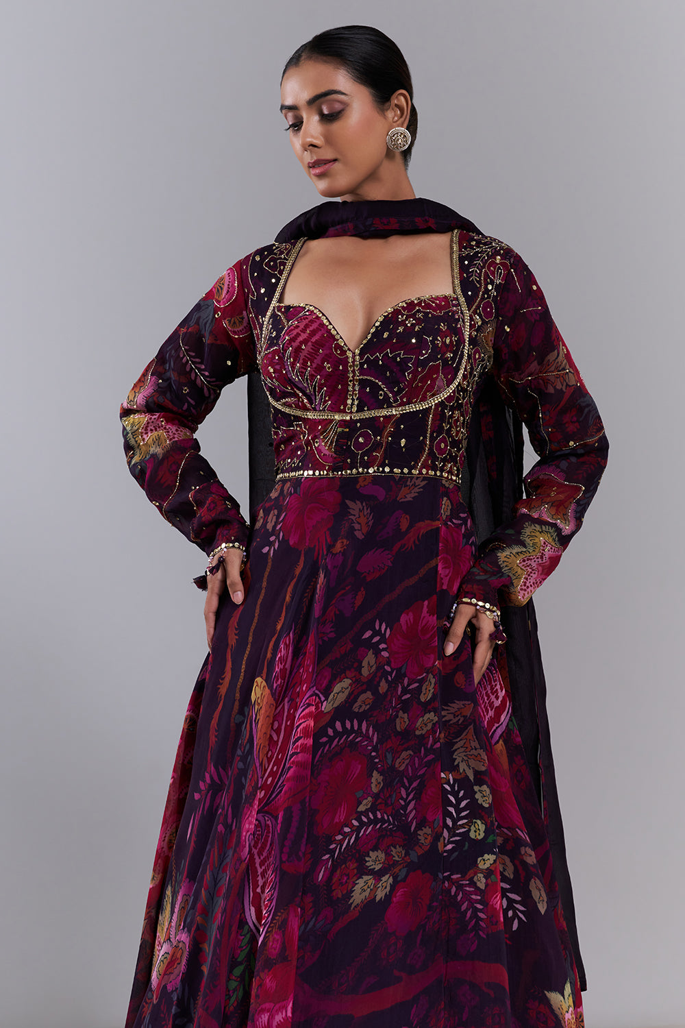 Multi-Colored Viscose Organza Embellished Anarkali Set