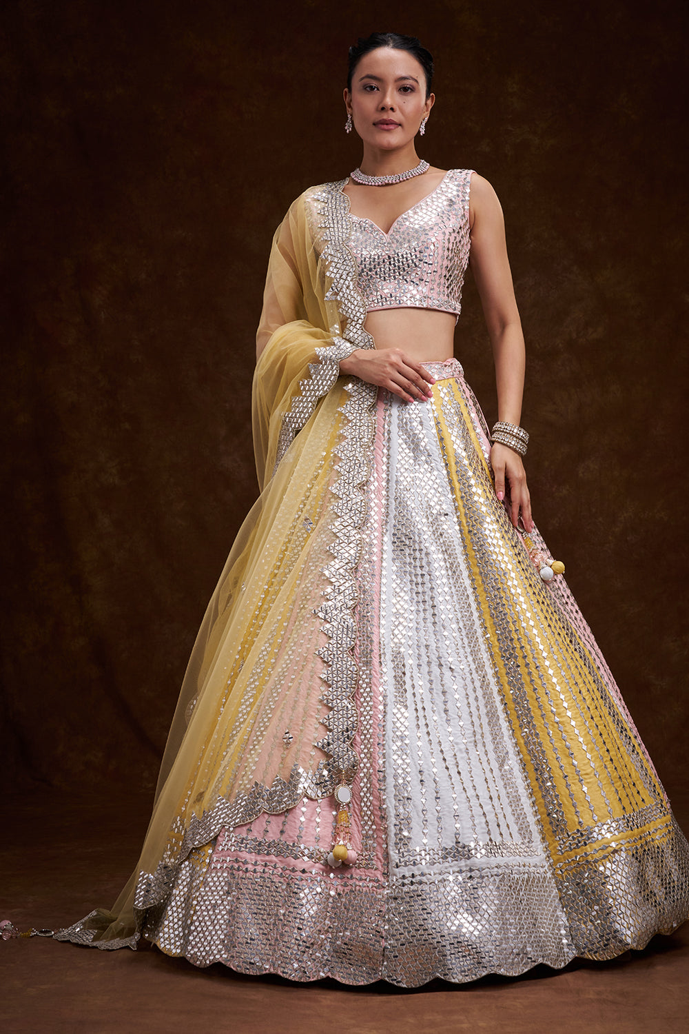 Multi-colour Raw Silk Contemporary Lehenga with Cutdana and Plastic Foil Work