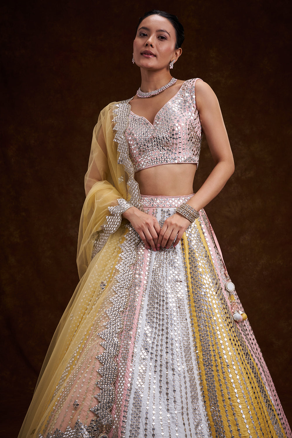 Multi-colour Raw Silk Contemporary Lehenga with Cutdana and Plastic Foil Work