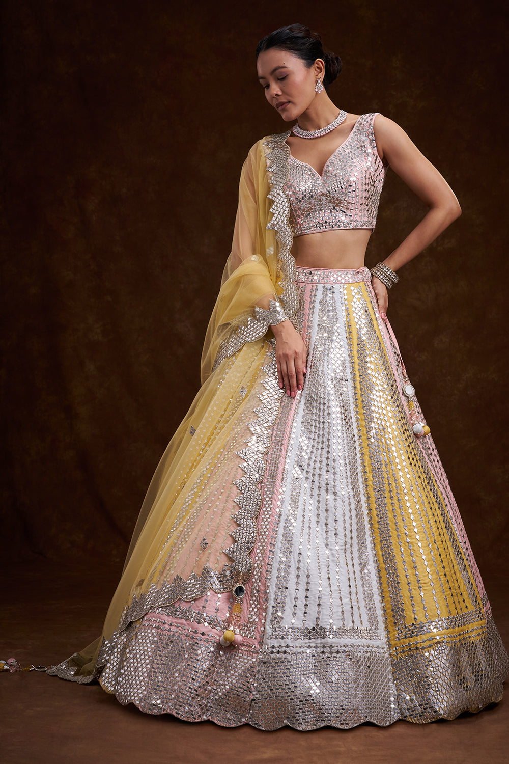 Multi-colour Raw Silk Contemporary Lehenga with Cutdana and Plastic Foil Work
