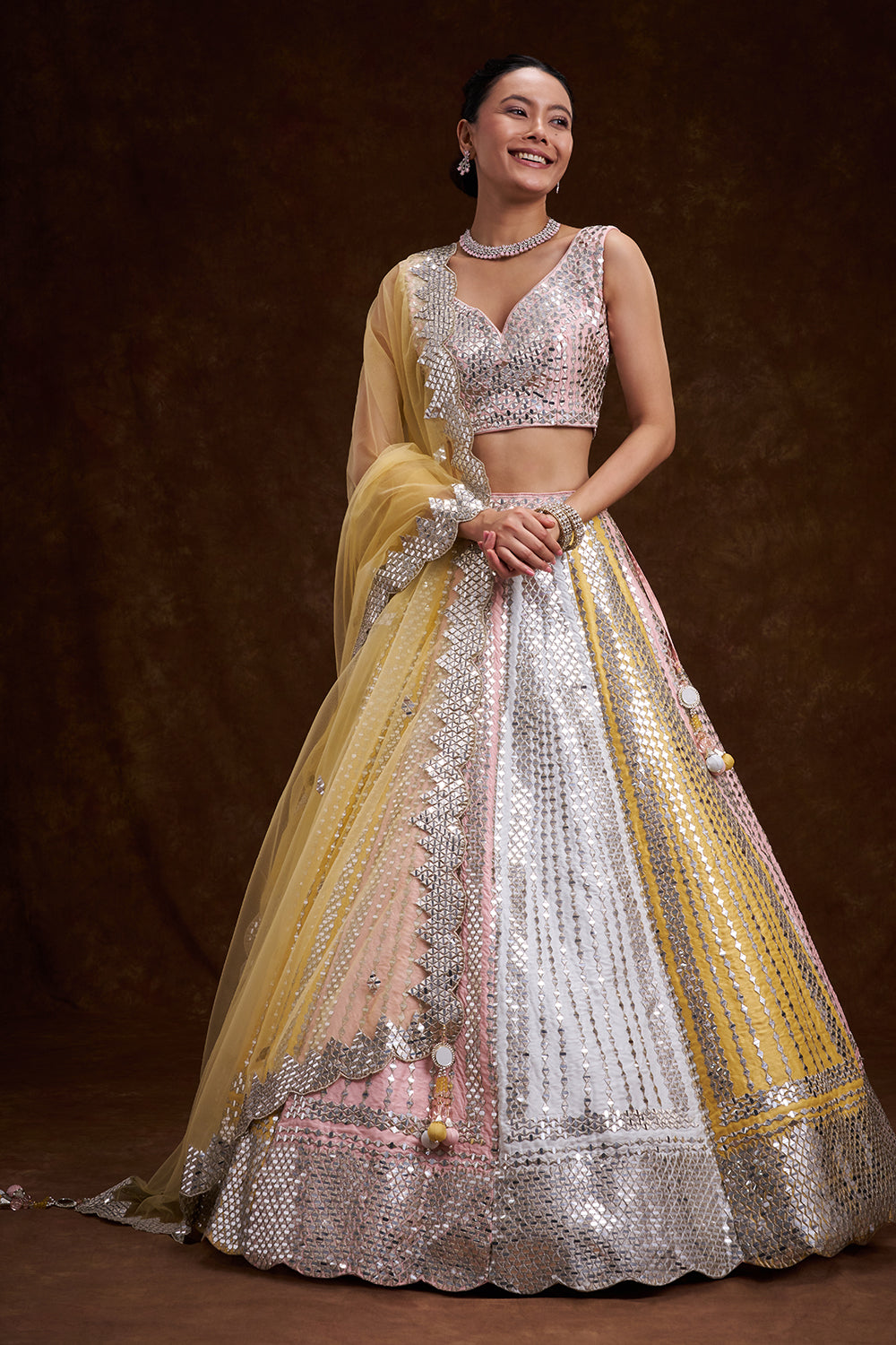 Multi-colour Raw Silk Contemporary Lehenga with Cutdana and Plastic Foil Work