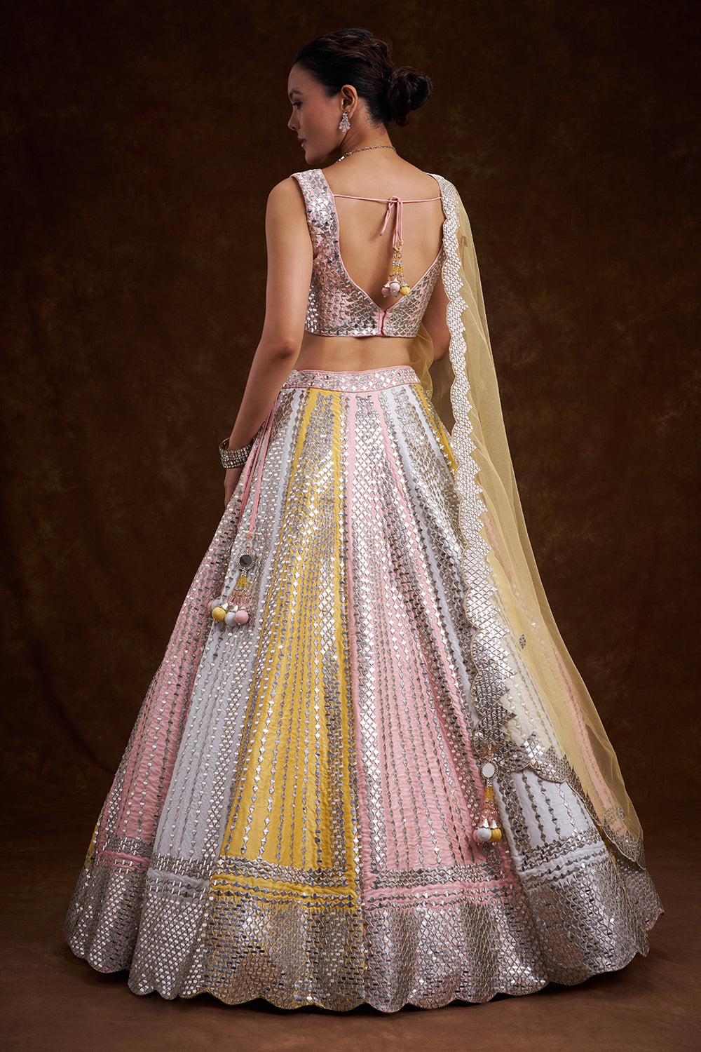 Multi-colour Raw Silk Contemporary Lehenga with Cutdana and Plastic Foil Work