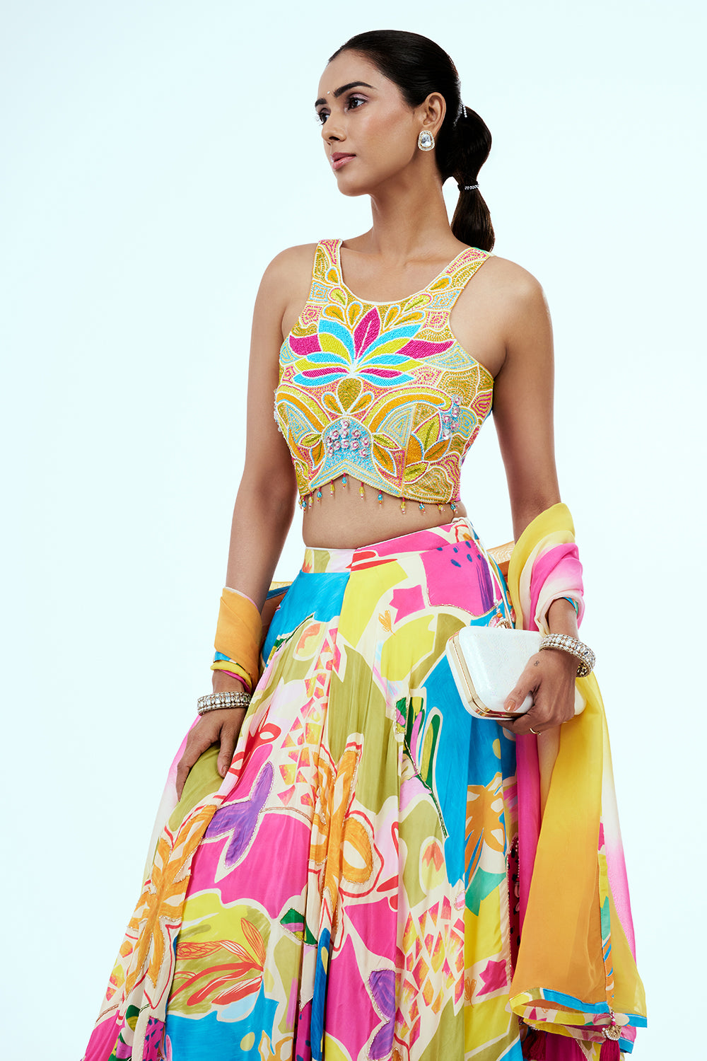 Multi-Coloured Satin Lehenga with Cutdana Work