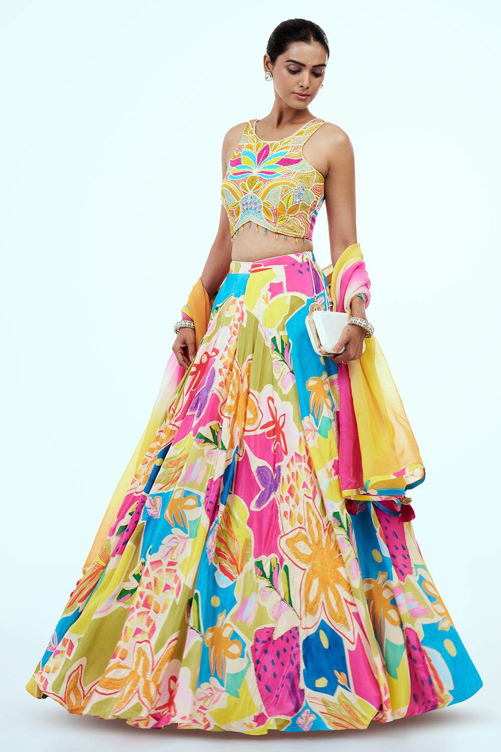 Multi-Coloured Satin Lehenga with Cutdana Work